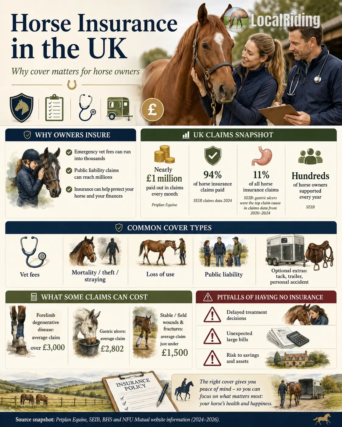 Horse insurance in the UK infographic: why cover matters, UK claims snapshot, common cover types, what claims can cost and the pitfalls of having no insurance