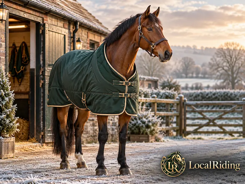 A horse in a winter turnout rug ready to go out to the paddock