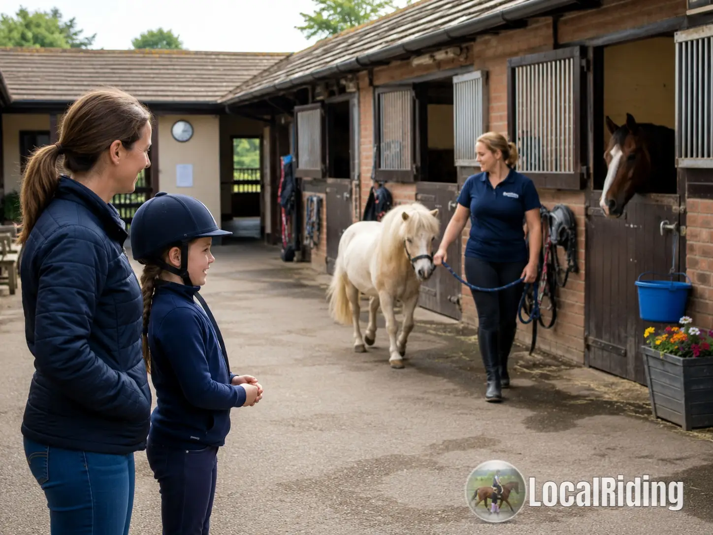 Riding school staff leading a calm pony to a young child and parent, matching the right pony to the rider