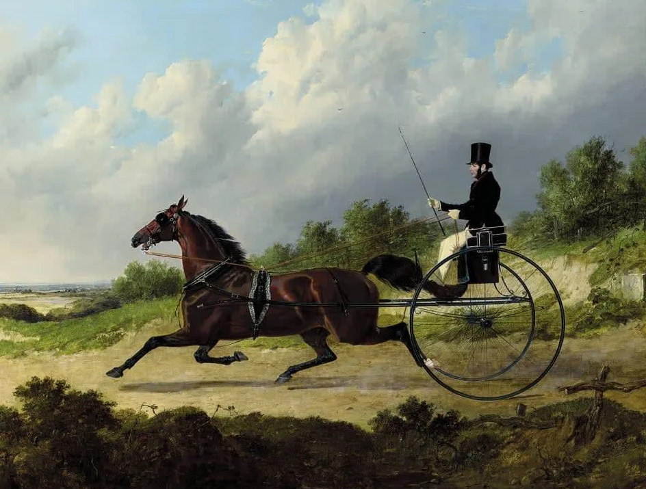 Historical painting of a trotting road horse pulling a light two-wheeled carriage