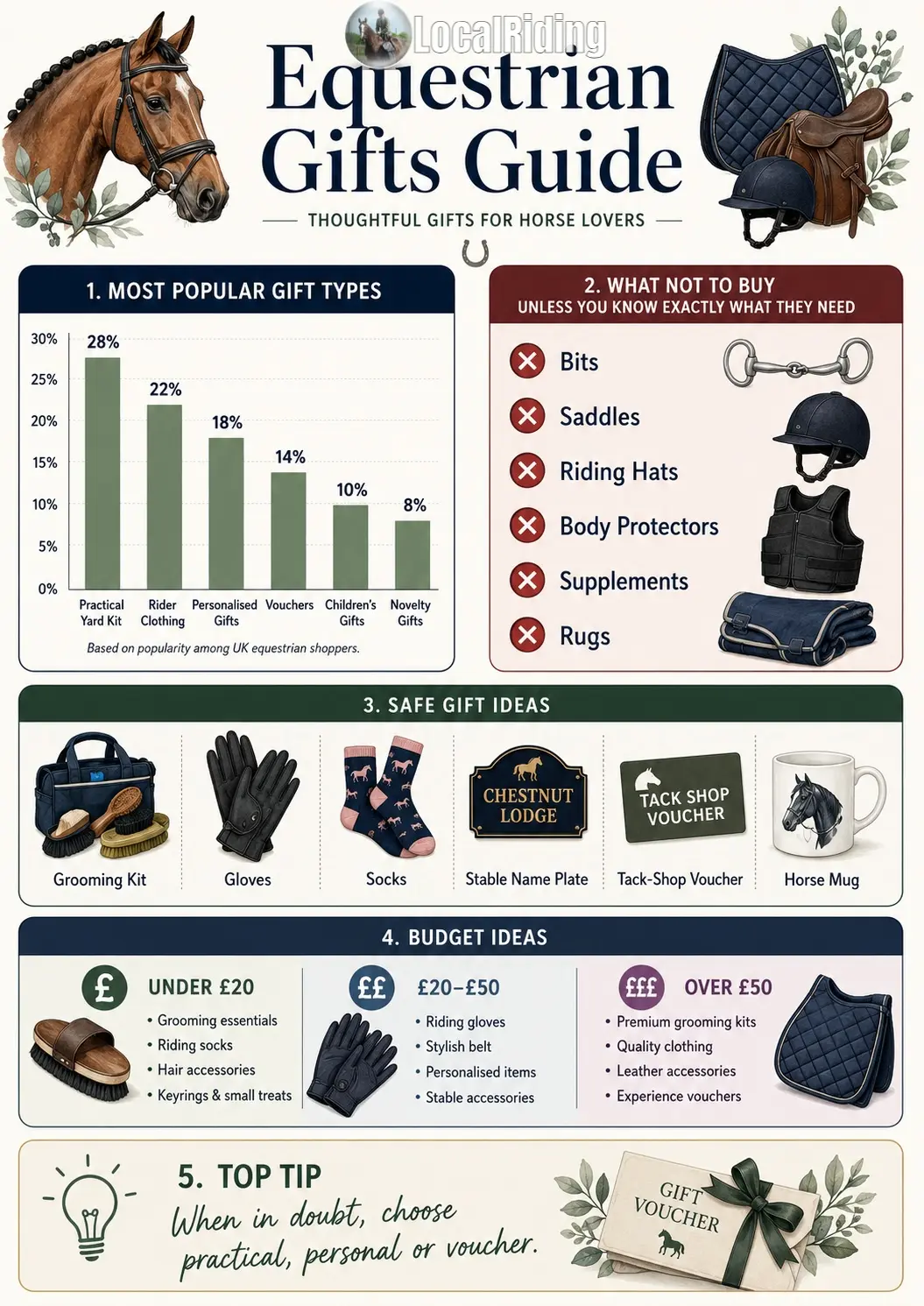 Equestrian gifts guide infographic showing most popular gift types, what not to buy, safe gift ideas, budget ideas by price bracket and top tip to choose practical, personal or voucher