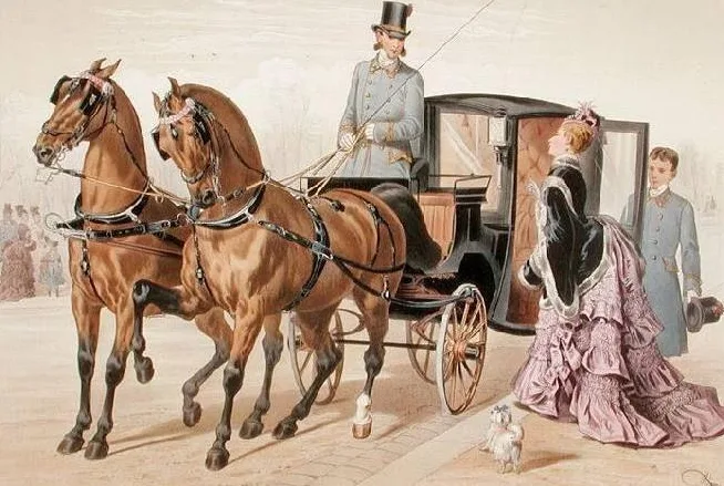 Historical carriage illustration showing a matched pair of bay coach horses