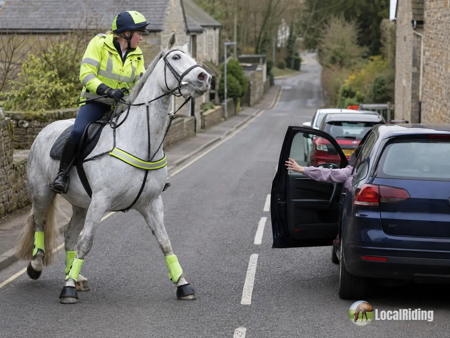 Grey horse spooking on a UK village street as a person opens a parked car door directly in front of horse and rider in hi-vis