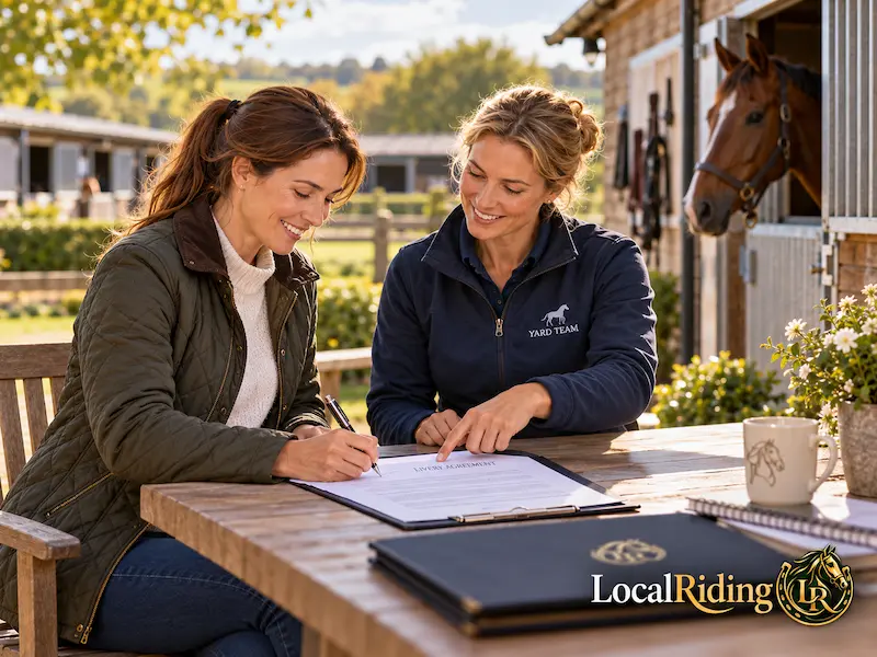 A horse owner signs a written livery agreement with the yard manager