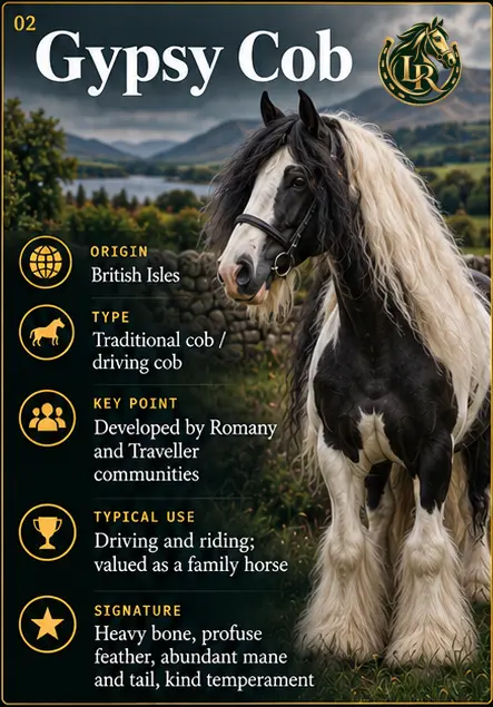 Traditional Irish Cob, also known as the Gypsy Cob, with abundant feathering and a striking coloured coat
