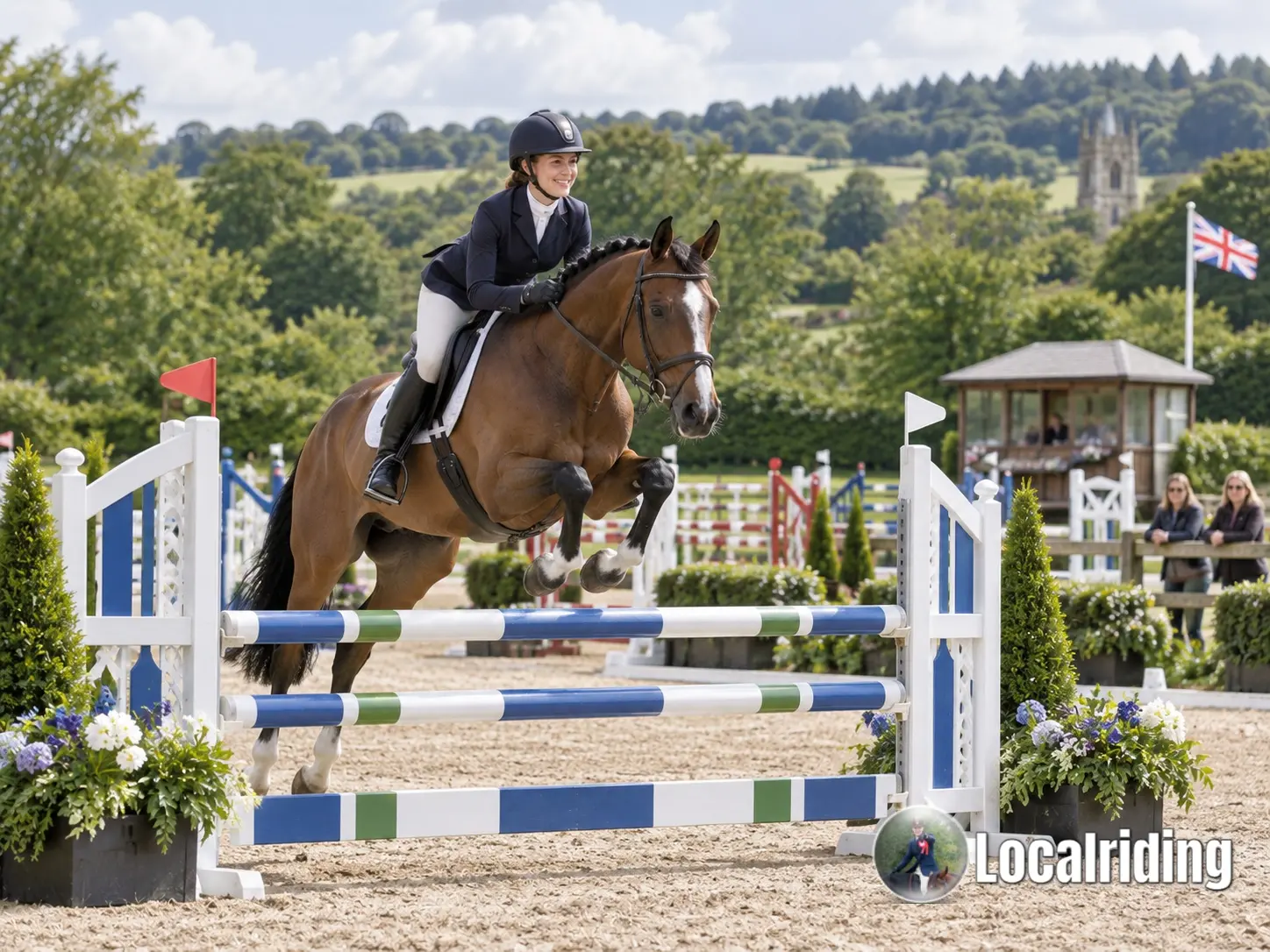 Horse and rider jumping a showjumping fence at a British equestrian competition
