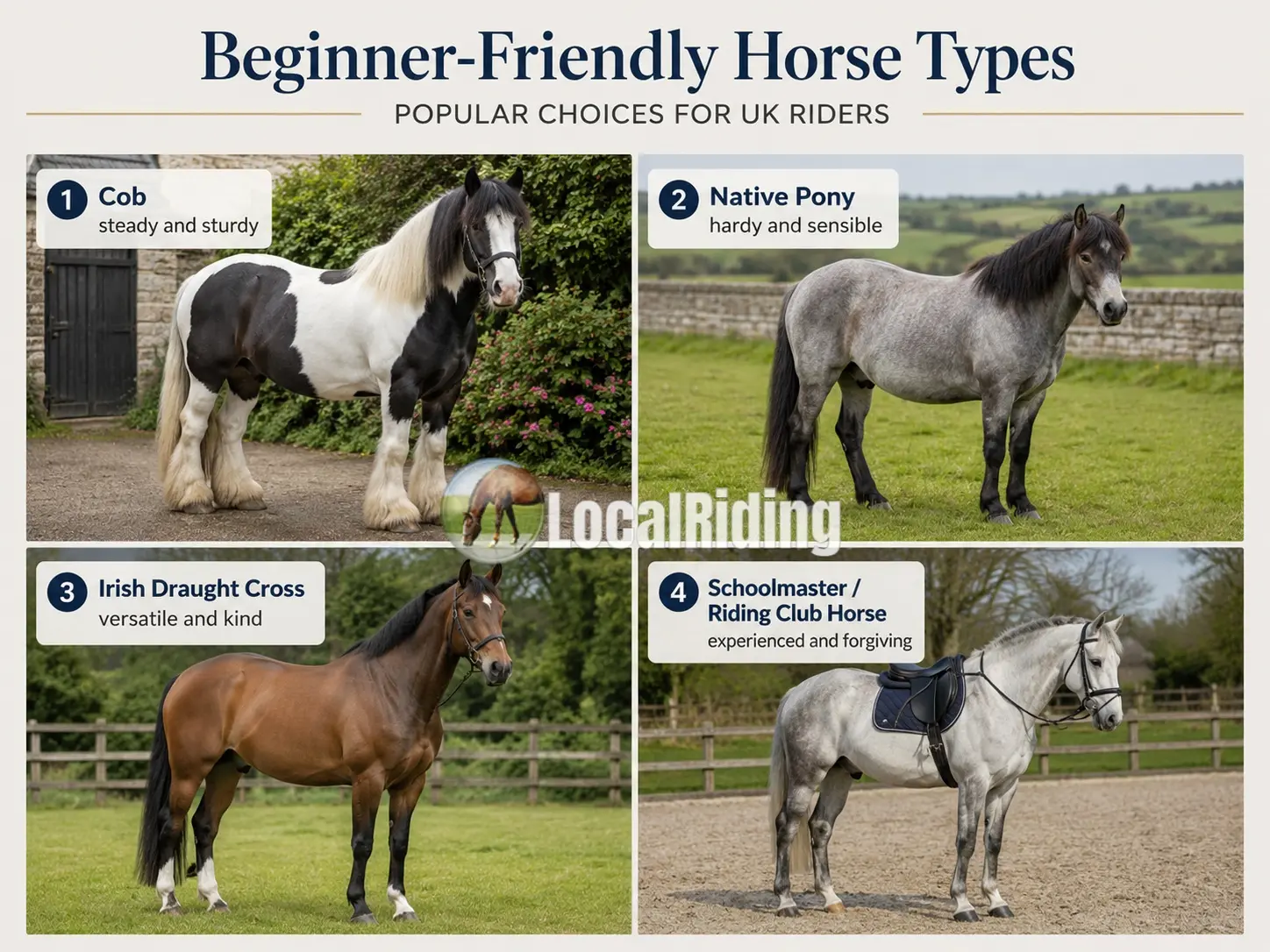 Beginner-friendly horse types for UK riders: a cob, a native pony, an Irish Draught cross and a schoolmaster riding club horse