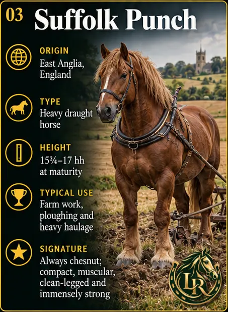 Chestnut Suffolk Punch, the traditional English farm horse with a compact, muscular build