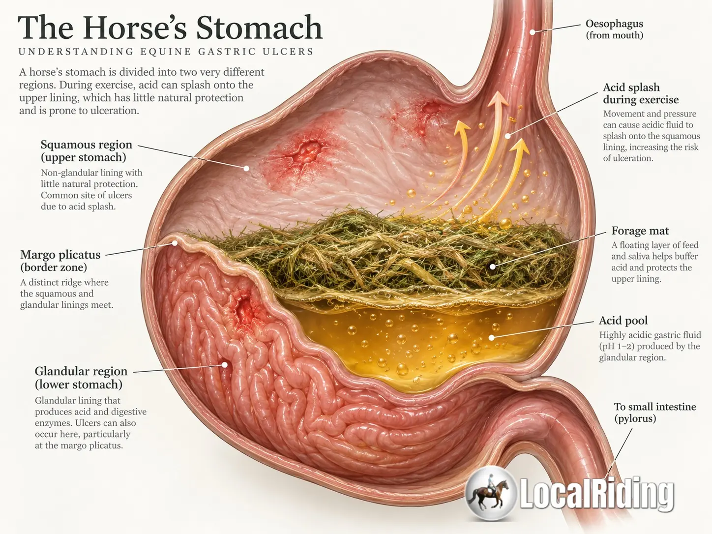 Labelled equine stomach anatomy showing the squamous region, glandular region and margo plicatus