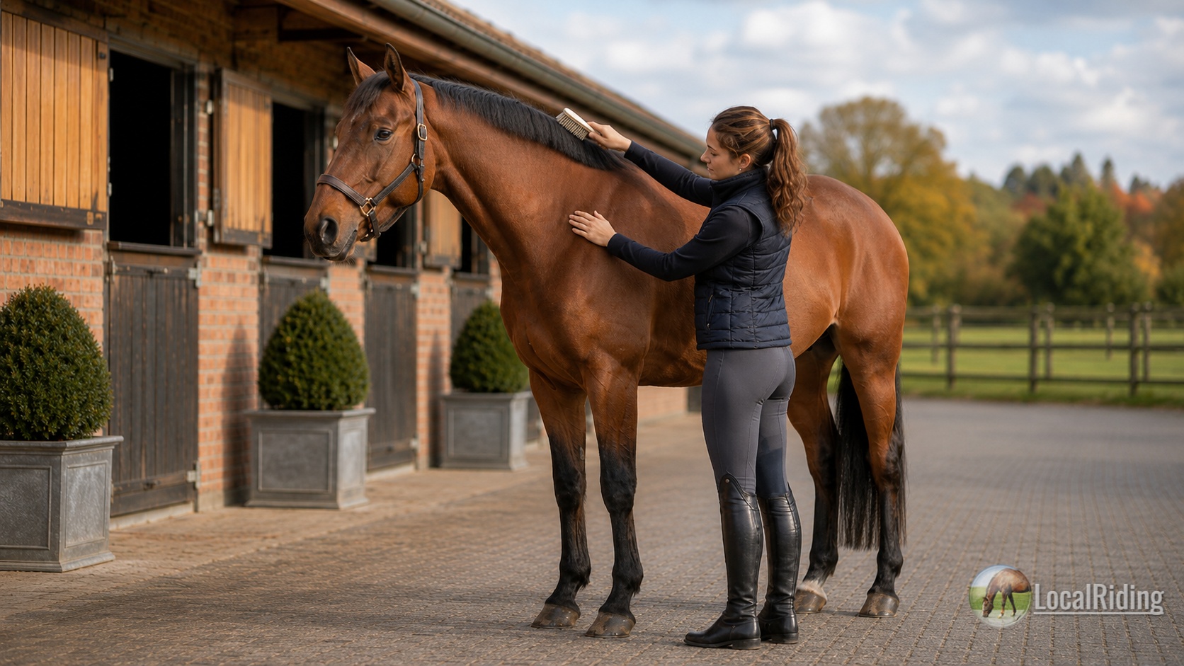 Horse rider brushing a horse's mane outside the stables