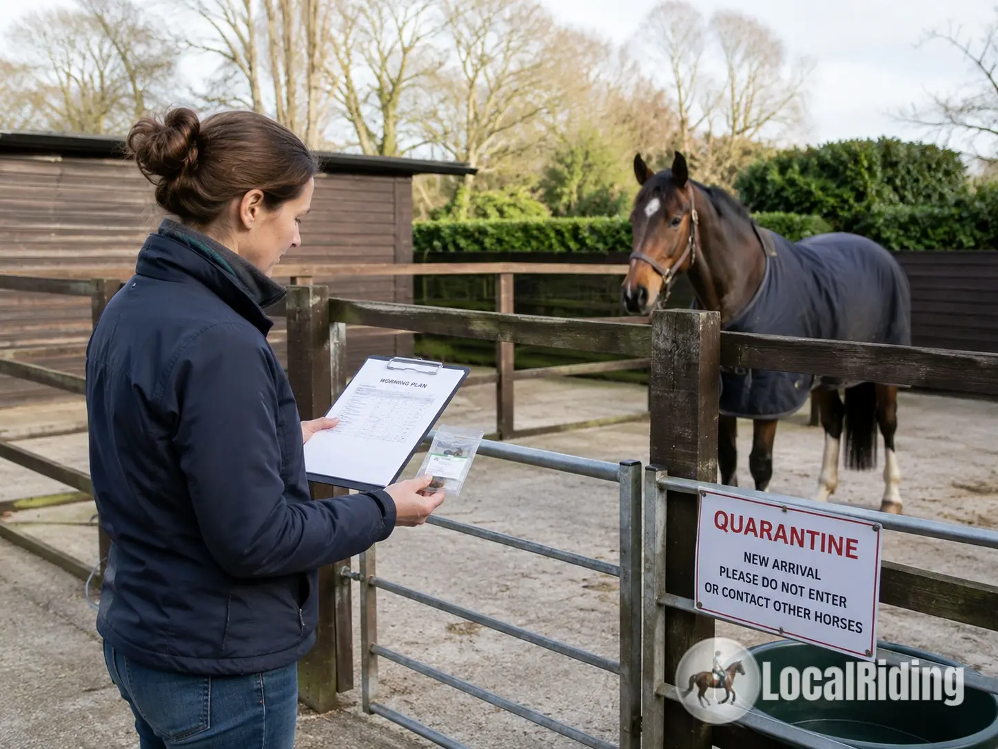 Yard manager reviewing a worming plan beside a quarantine pen holding a newly arrived horse at a UK livery yard