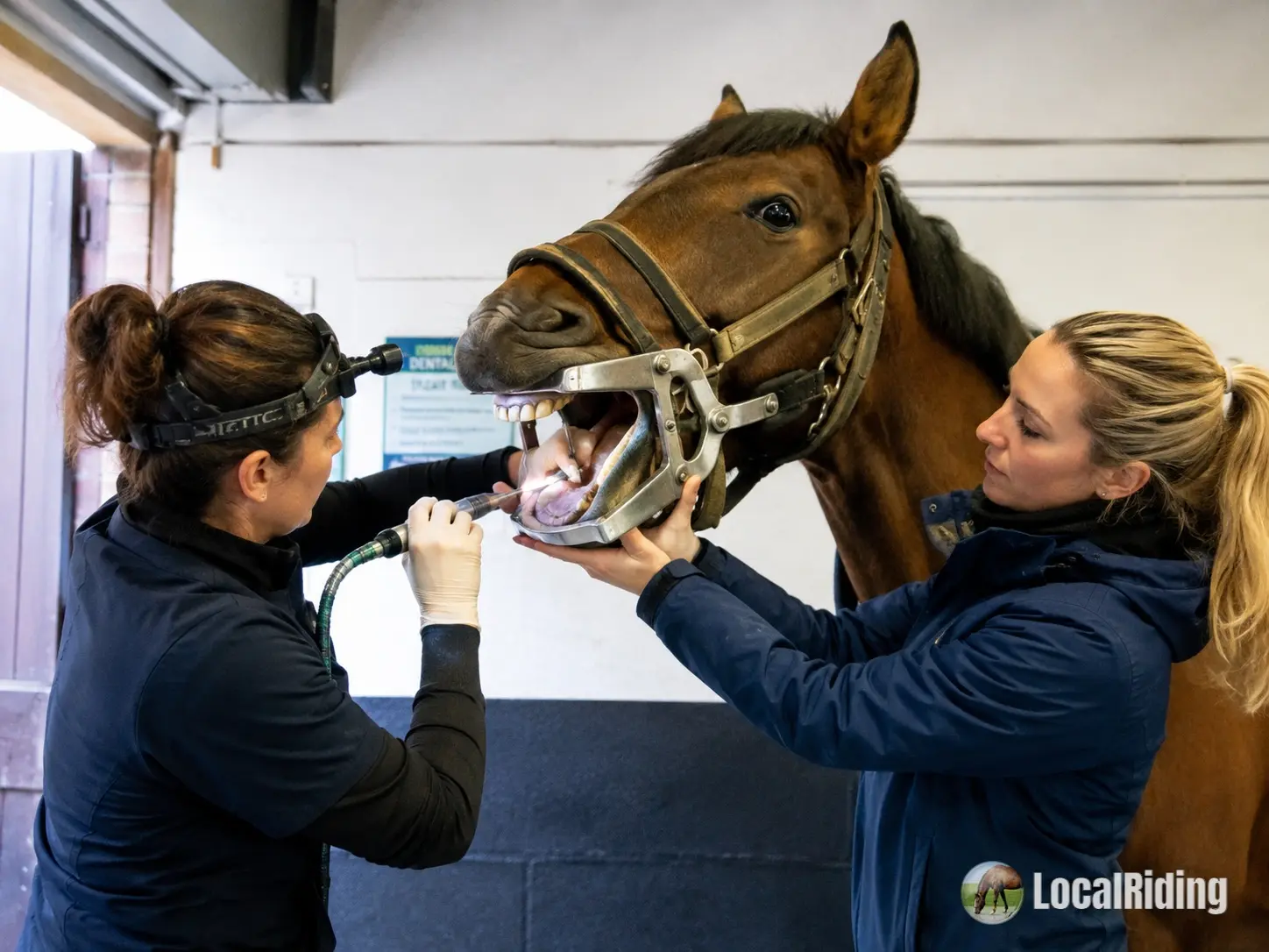 Equine dental technician examining a horse's mouth with a headtorch and full-mouth speculum while the owner holds the horse in a stable