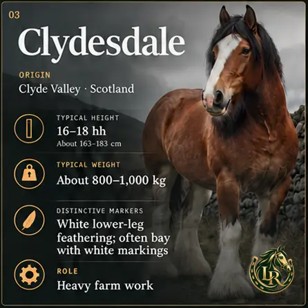 Clydesdale horse with distinctive white leg markings and abundant feathering, Scotland's elegant draught breed