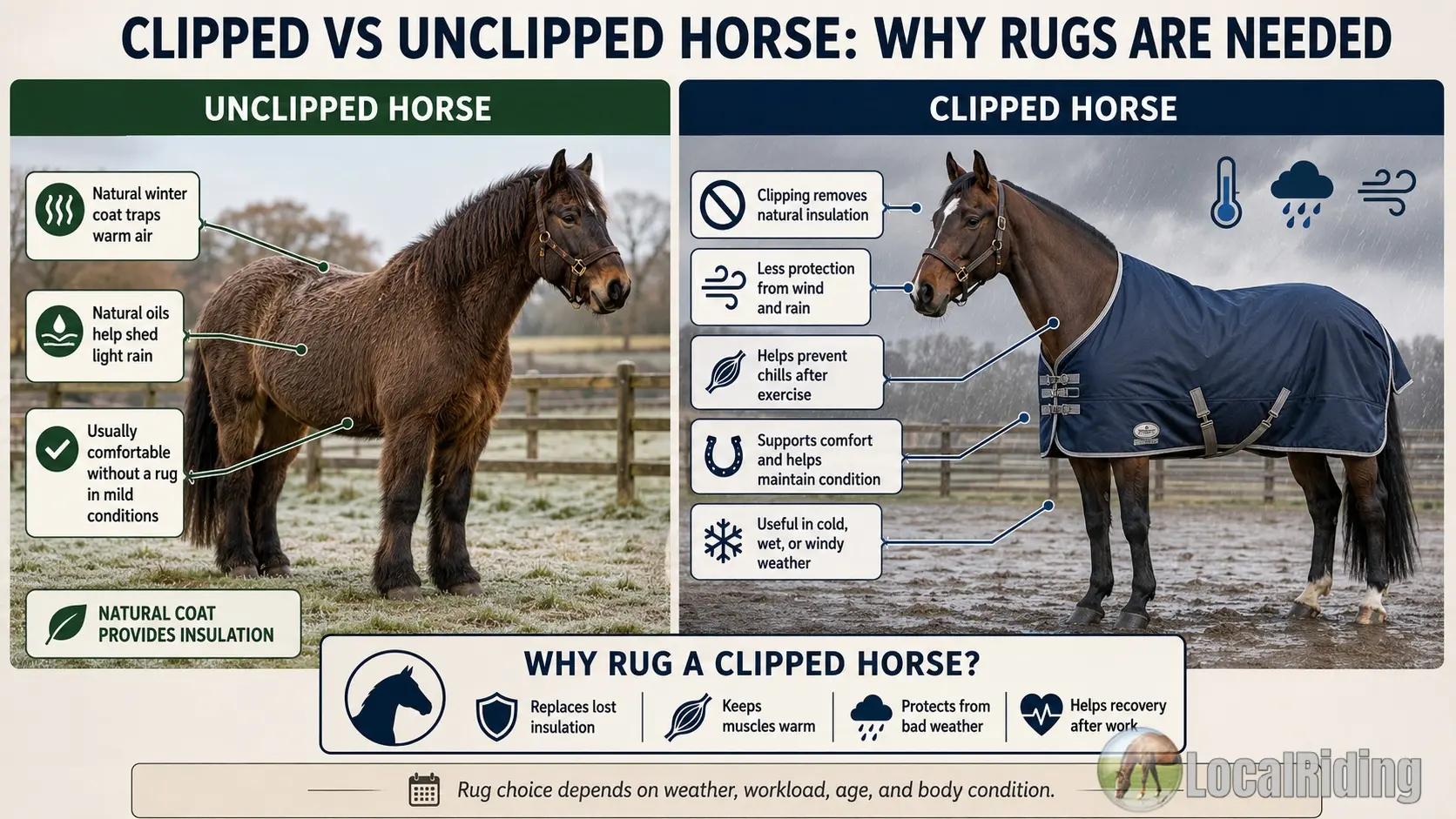 Infographic comparing clipped and unclipped horses — why rugs are needed, with the unclipped horse's natural winter coat trapping warm air and shedding rain, and the clipped horse needing a rug for warmth and weather protection