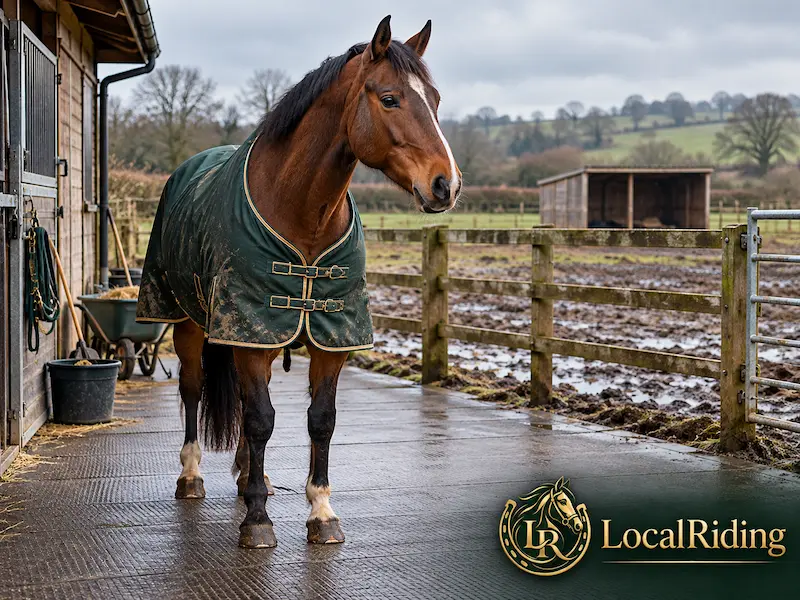 A horse in a turnout rug standing on dry rubber matting outside its stable, away from the muddy paddock