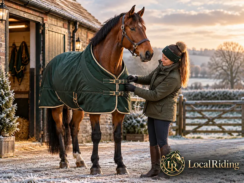 A horse owner checking the fit of a winter turnout rug outside the stable