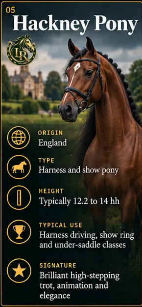 Hackney Pony showing the breed's spectacular high-stepping action and elegant carriage