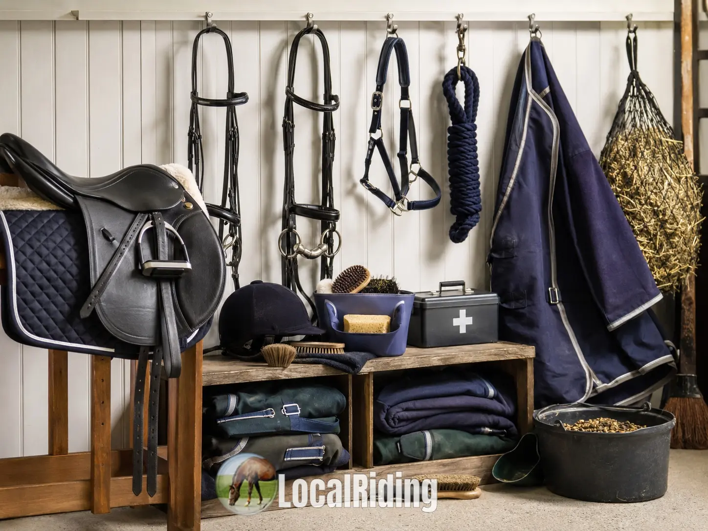 Essential first-horse tack and equipment hung in a tack room: saddle, bridle, headcollar and lead rope, turnout rug, grooming kit, first aid kit and haynet
