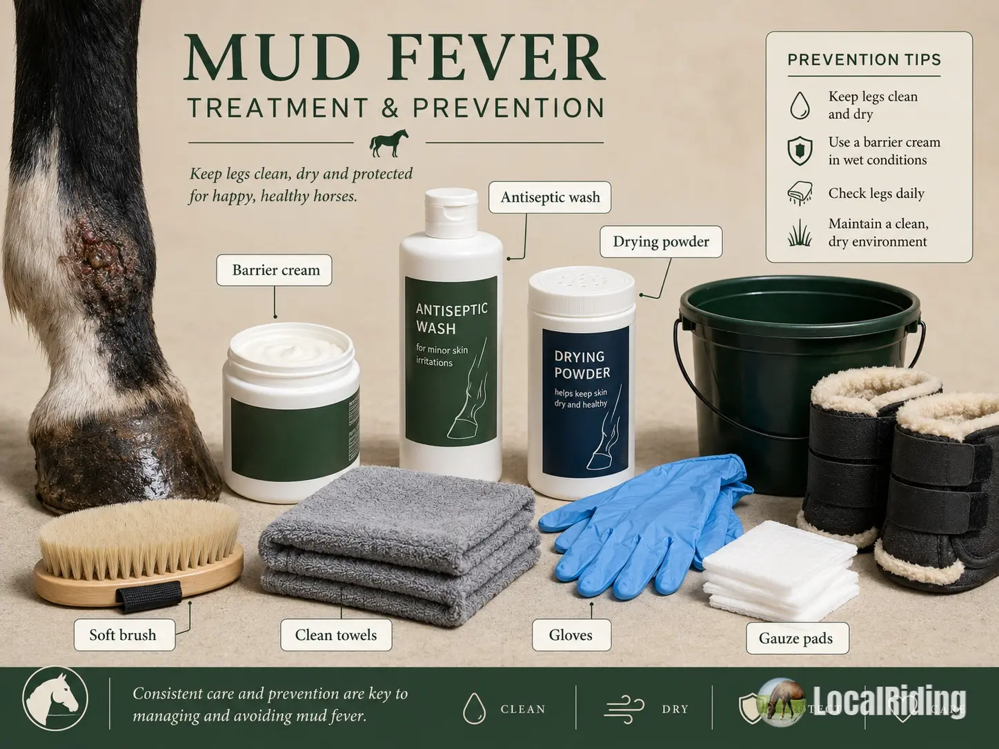 Mud fever treatment and prevention kit laid out: barrier cream, antiseptic wash, drying powder, soft brush, clean towels, gloves, gauze pads, bucket and turnout boots