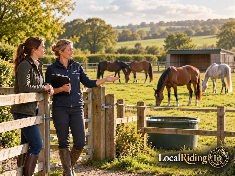 A yard manager shows a prospective livery the paddocks, fencing, water trough and field shelter during a visit