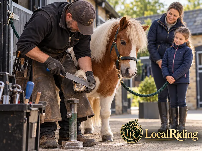 A farrier trims a first pony’s hoof while the young owner and her mother watch