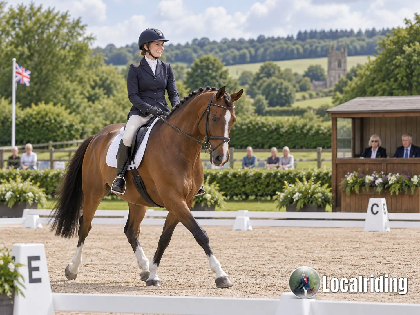 Horse and rider performing a British dressage test in a UK competition arena