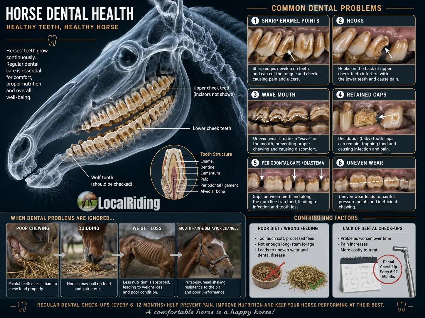 Horse dental health diagram showing upper and lower cheek teeth, wolf tooth, tooth structure and common dental problems such as sharp points, hooks, wave mouth, retained caps and diastema