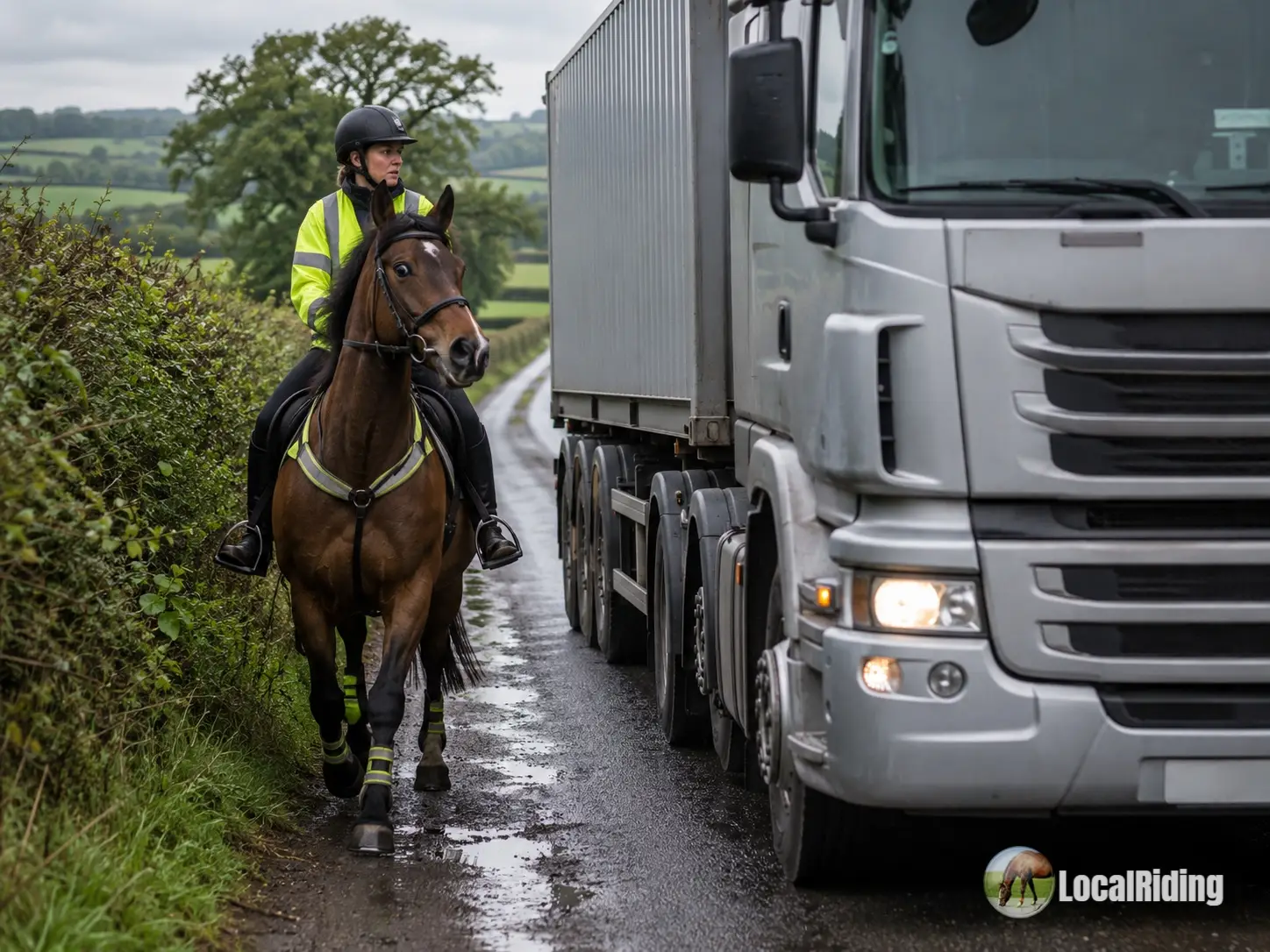 Rider in hi-vis on a bay horse pressed against a hedge as a large articulated lorry passes on a narrow wet UK country lane