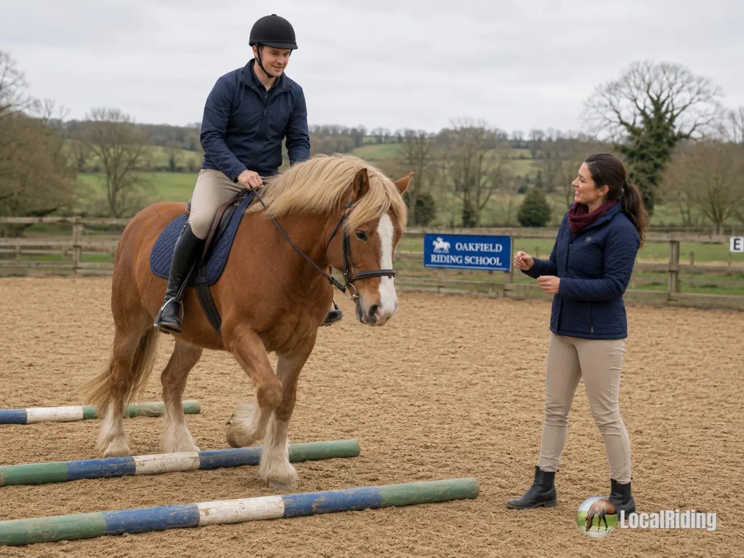 Adult beginner riding a chestnut pony over a row of ground poles in an outdoor arena, with an instructor watching nearby