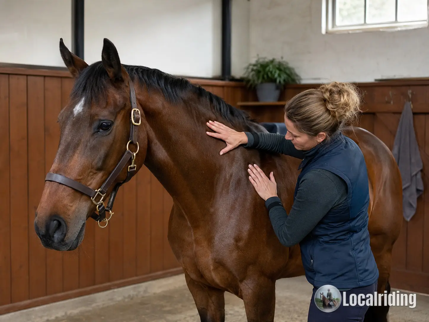 Equine physiotherapist applying hands-on soft tissue treatment to a horse's back and hindquarter muscles