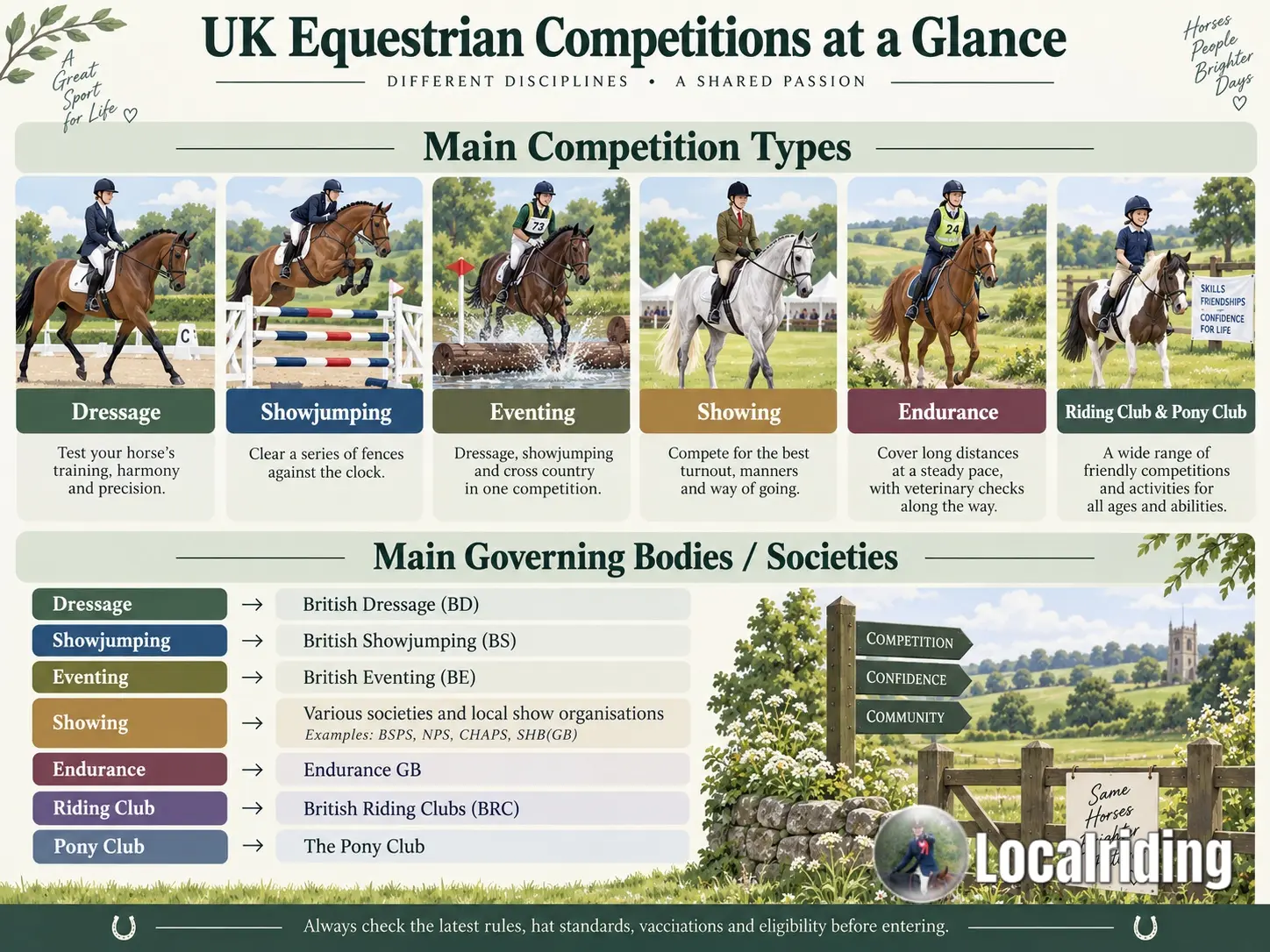 Infographic explaining the main types of equestrian competitions in the UK including dressage, showjumping, eventing and showing