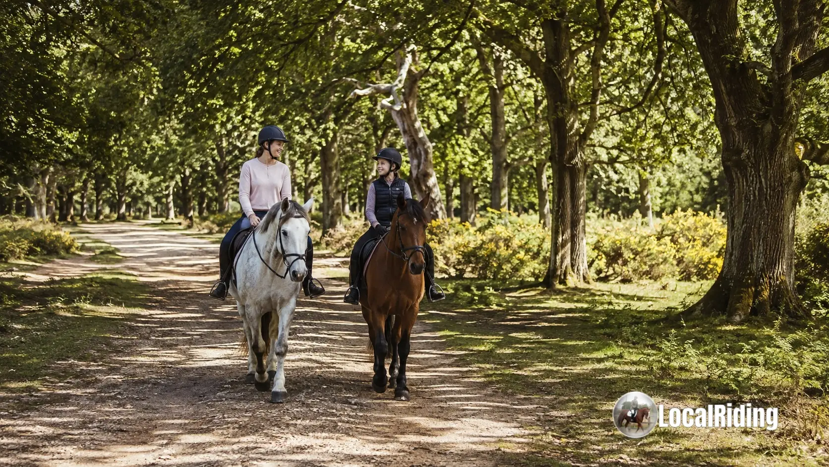 Two riders hacking together on sandy forest tracks in the New Forest, Hampshire