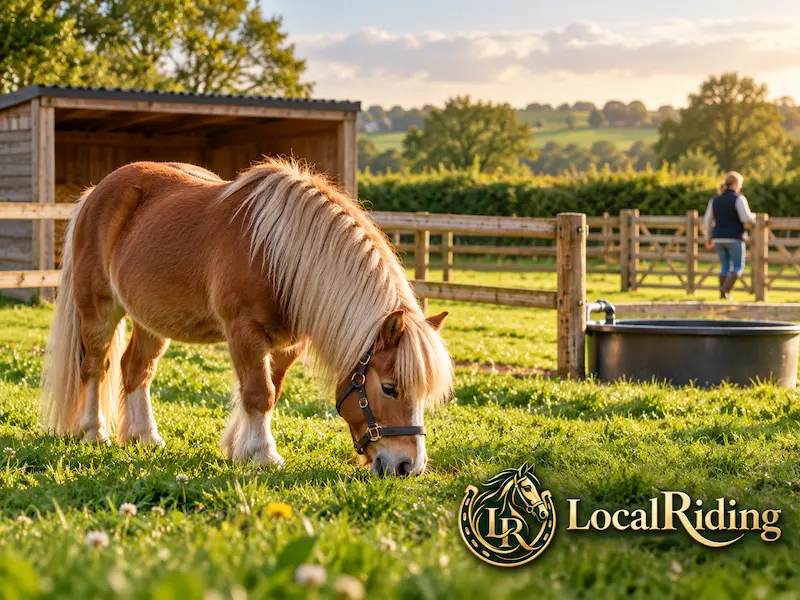 A first pony grazing in a well-fenced paddock with a field shelter and water trough