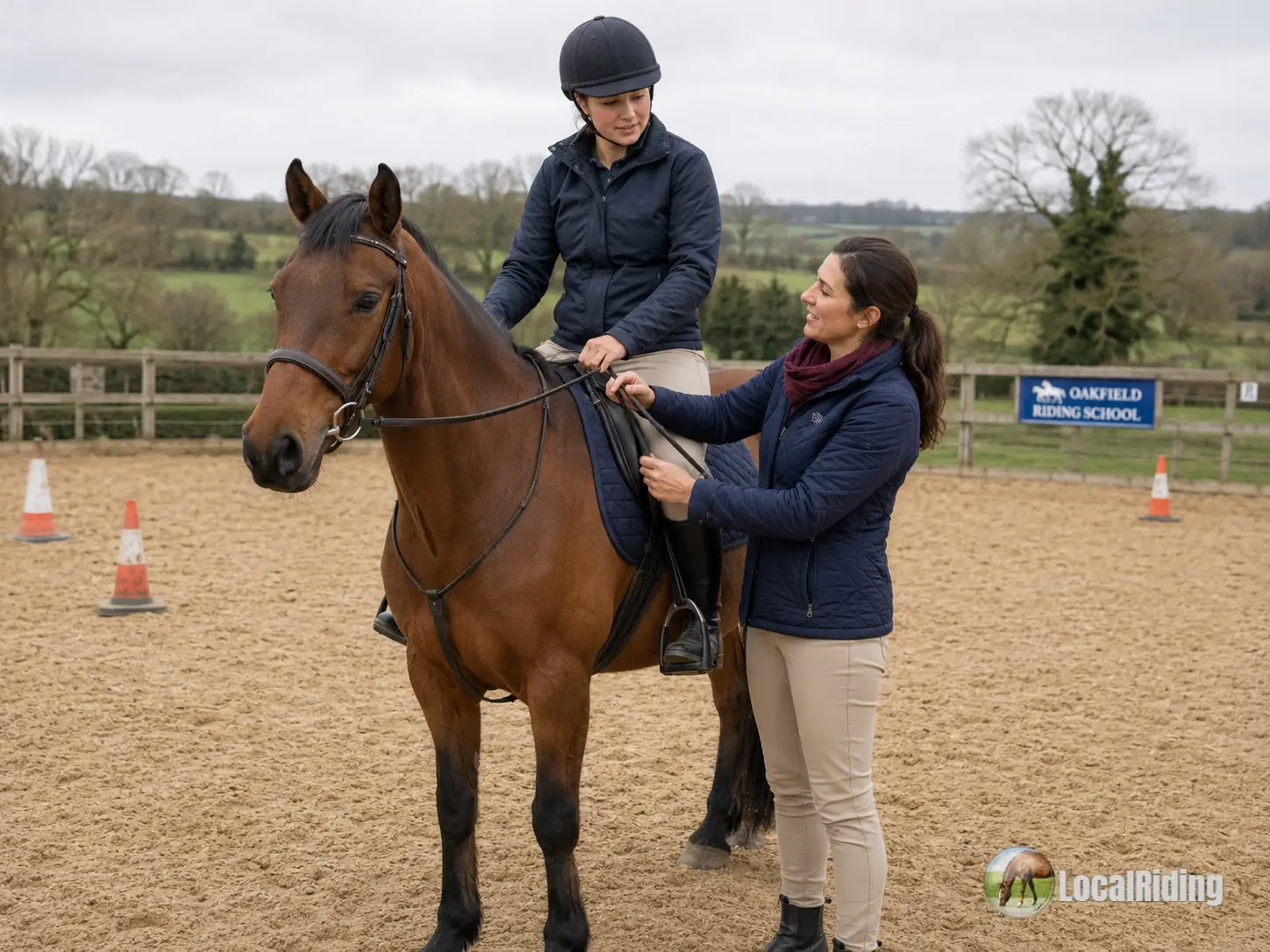 Novice rider on a bay horse in an outdoor arena, with an instructor checking position and stirrup length