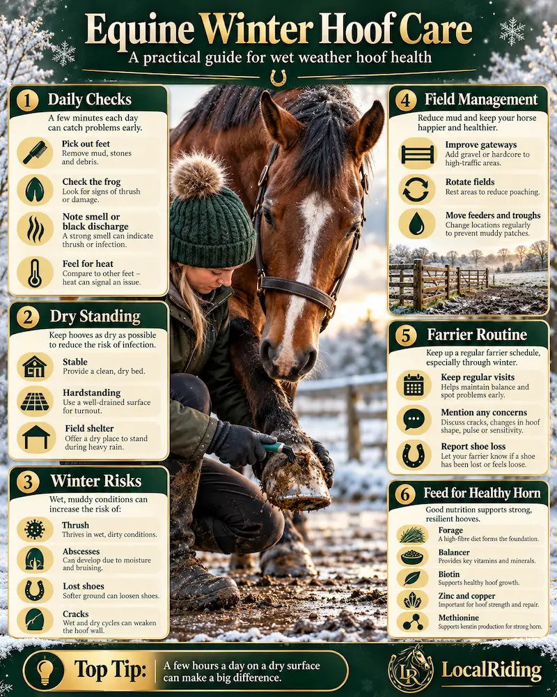 Equine winter hoof care infographic: daily checks, dry standing, winter risks, field management, farrier routine and feeding for healthy horn