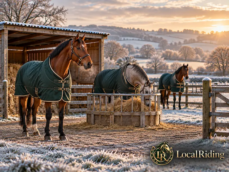 Rugged horses in a frosty winter paddock with shelter and hay available