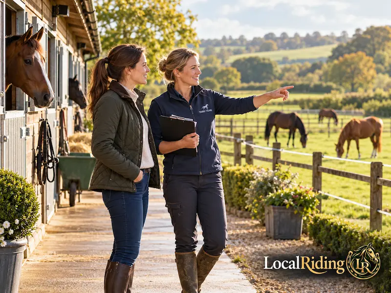 A horse owner tours a livery yard with the yard manager, looking at the stables and turnout