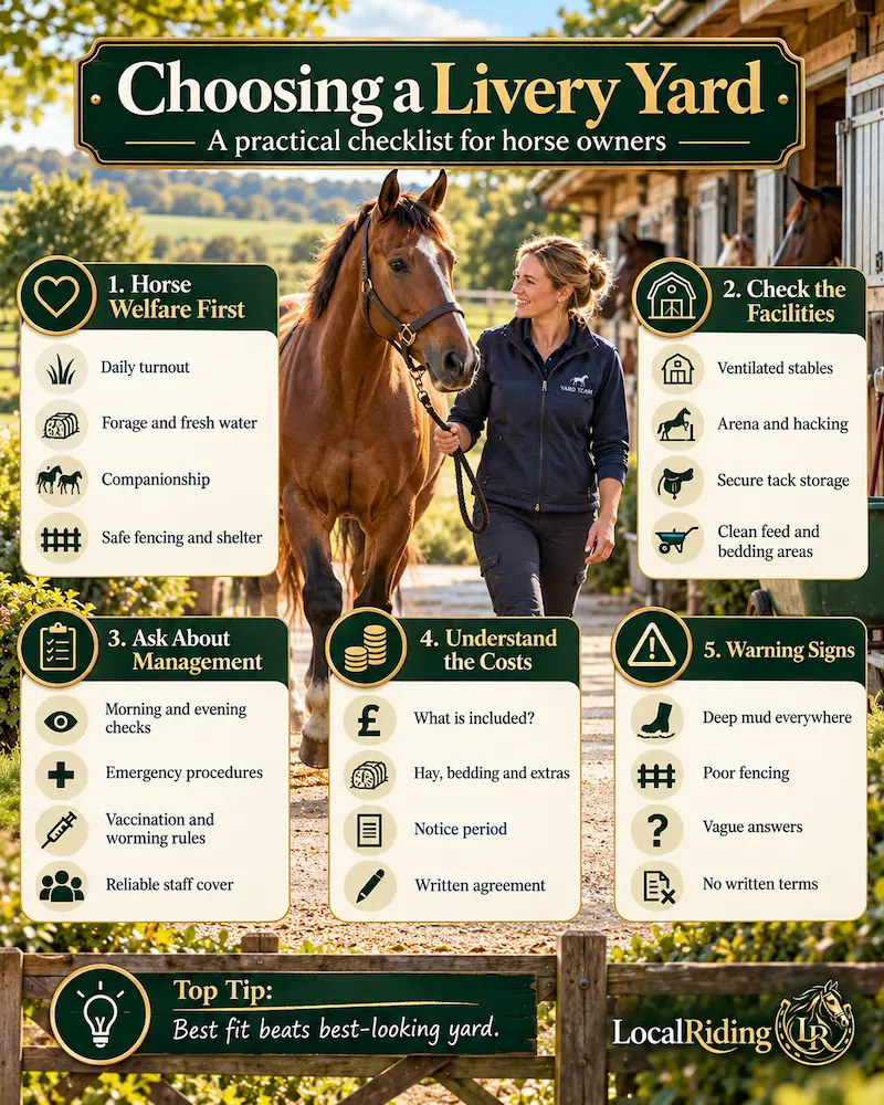 Choosing a livery yard: a practical checklist covering horse welfare, facilities, management, costs and warning signs