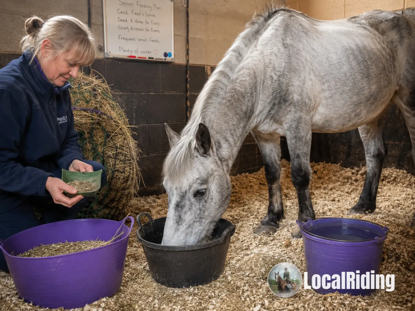 A grey veteran horse eating soaked feed from buckets in a stable with a senior feeding plan on the wall