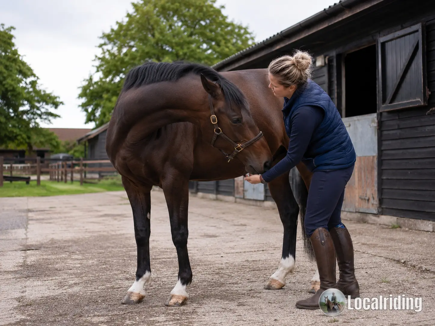 Physiotherapist demonstrating carrot neck-bend stretch exercises with a horse to improve lateral mobility and body awareness
