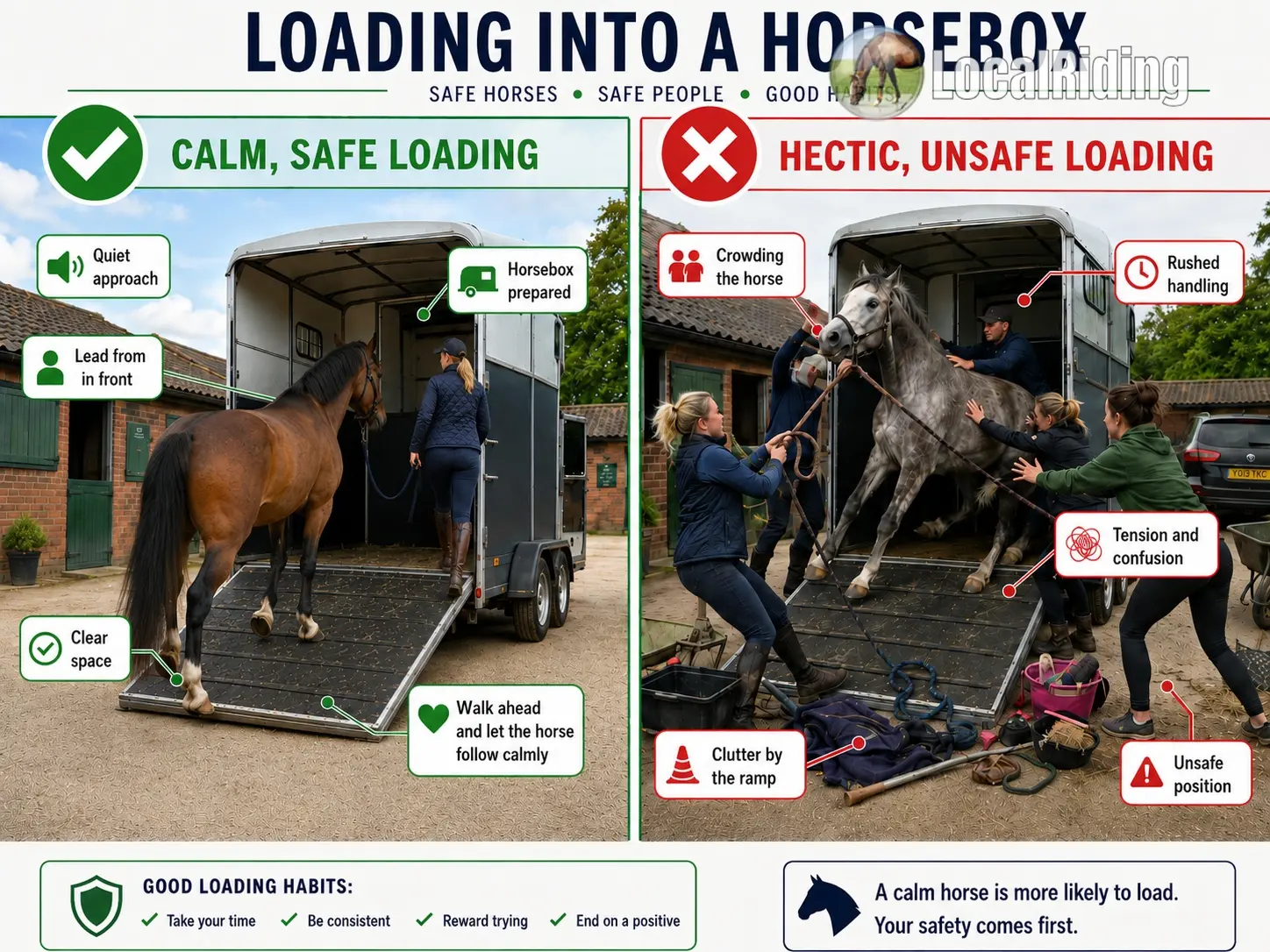 Side-by-side comparison of calm, safe loading into a horsebox versus hectic, unsafe loading with a crowded, rushed horse