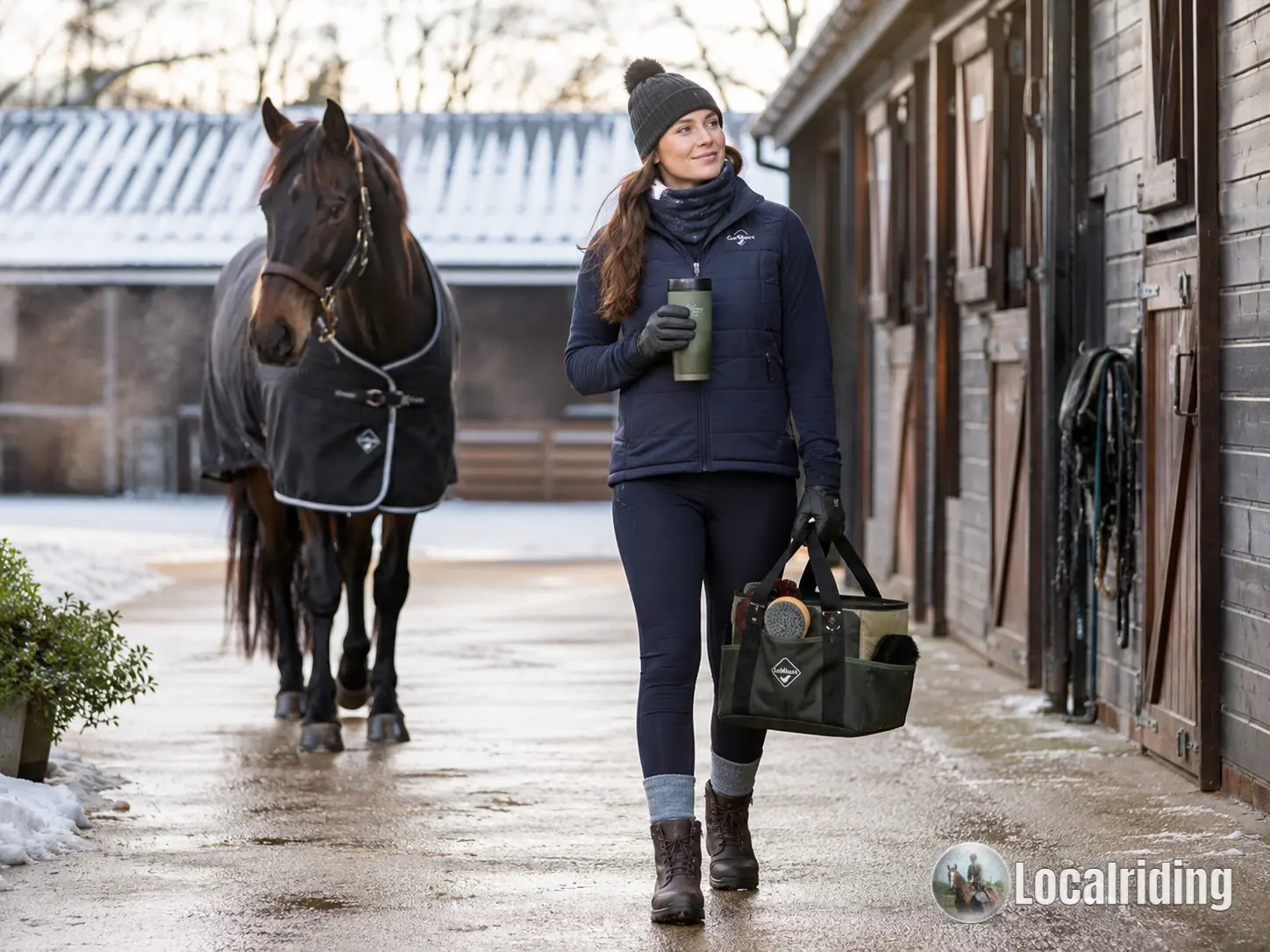 UK horse owner walking past stables in winter carrying a grooming kit bag and a thermal flask, dressed for cold yard work