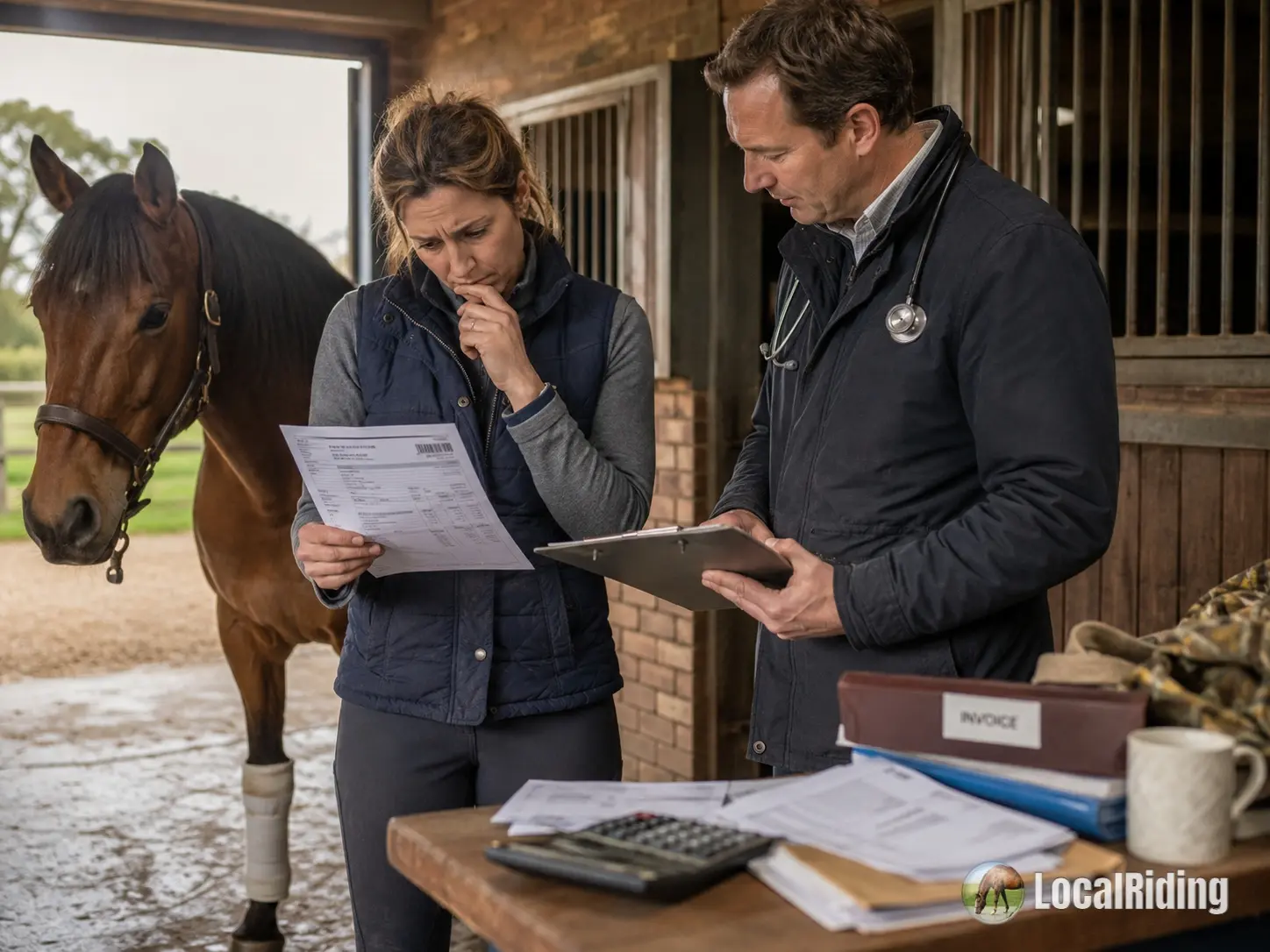 A worried horse owner and a vet reviewing a veterinary invoice together in a stable yard