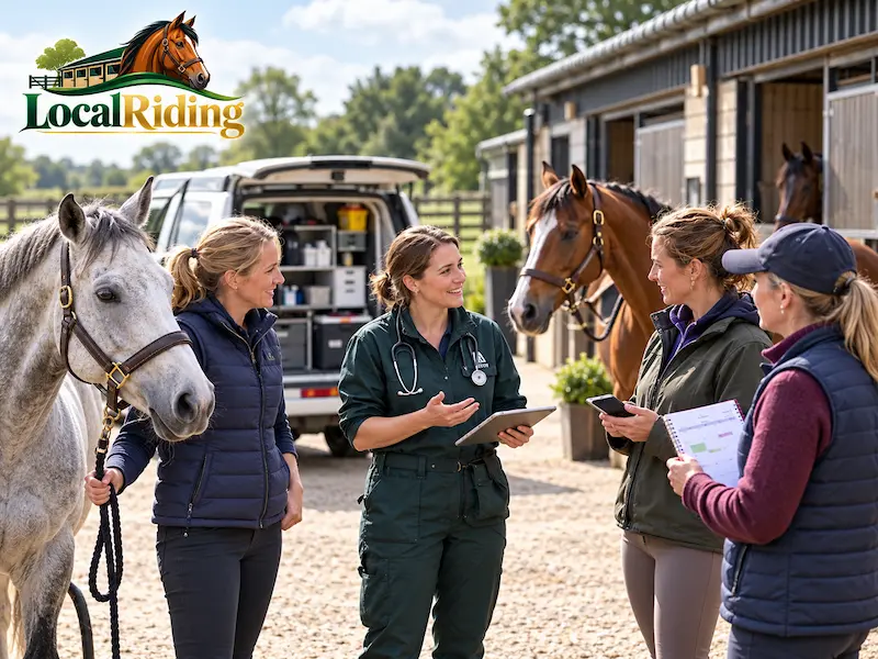 Equine vet with a tablet talking to a group of horse owners at a livery yard during a shared zone visit