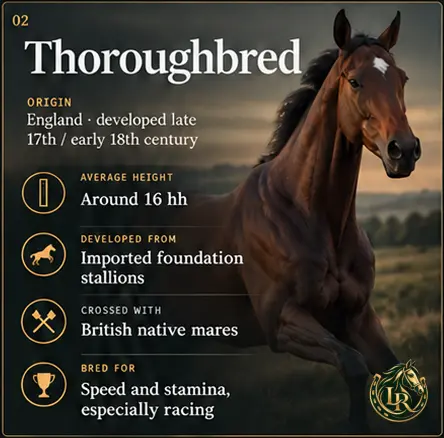 Thoroughbred horse, Britain's great racing breed, developed for speed, stamina and athletic performance