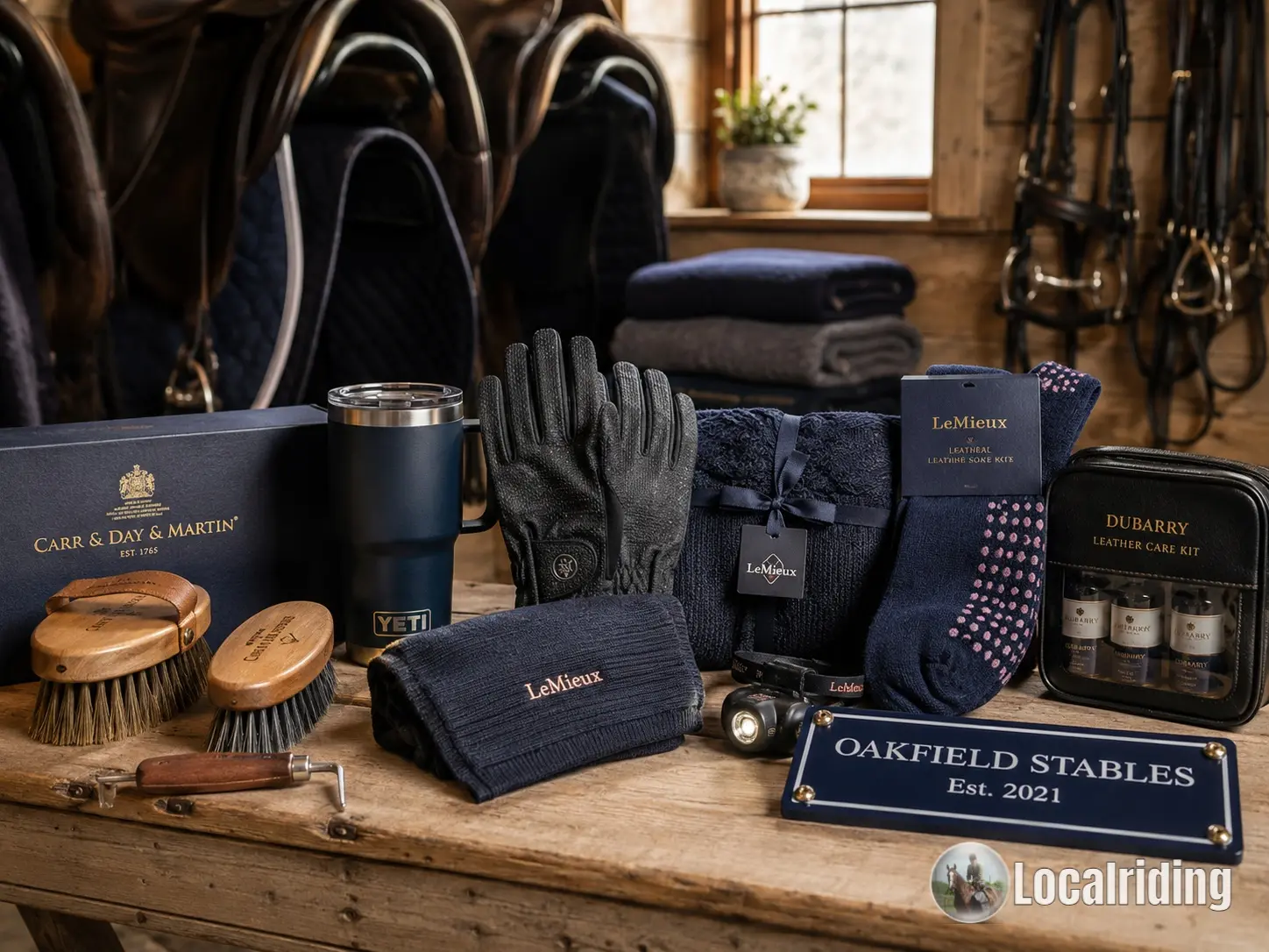 Premium equestrian gift selection on a stable tack room bench including Carr and Day and Martin, LeMieux, Dubarry leather care, YETI flask and a personalised stable name plate