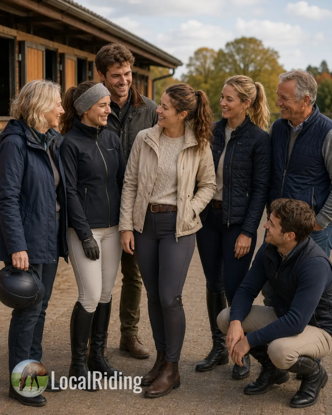 A happy group of UK horse riders gathered outside the stables