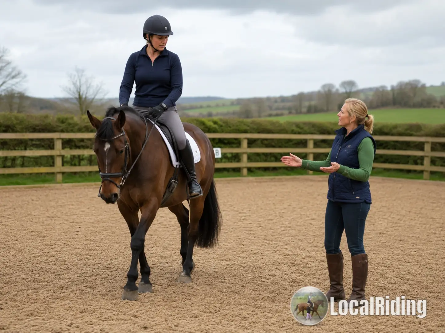 Qualified UK riding instructor teaching a rider on a bay horse in an outdoor arena