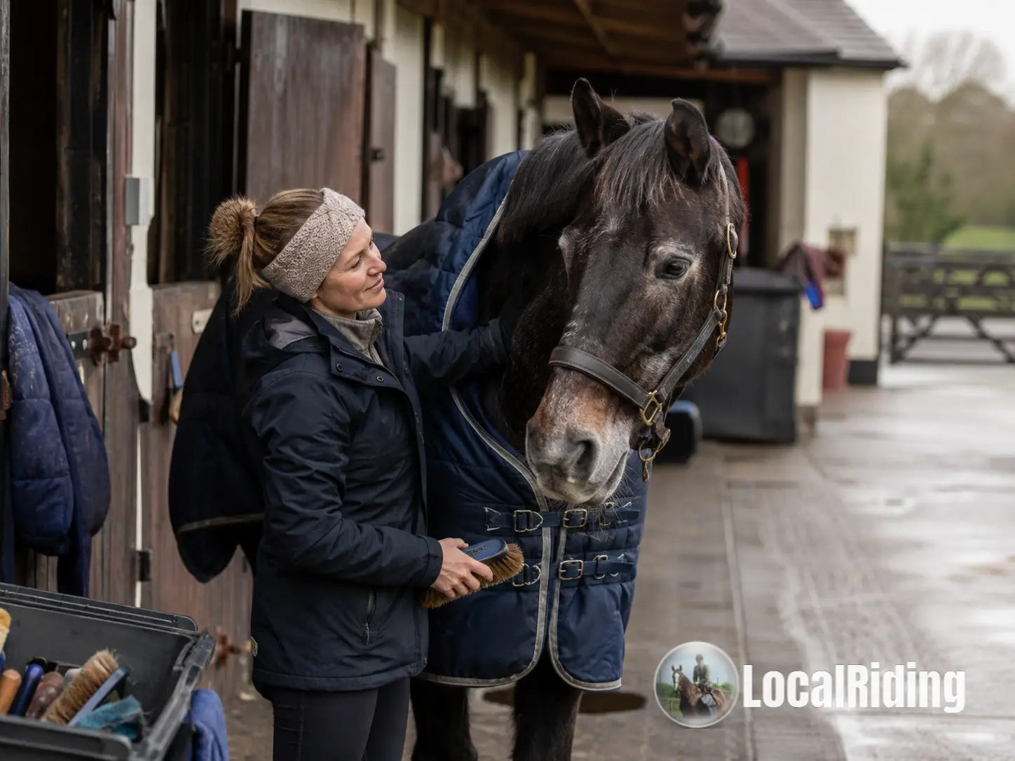 An owner grooming a rugged-up veteran horse outside UK stables on a wet winter day