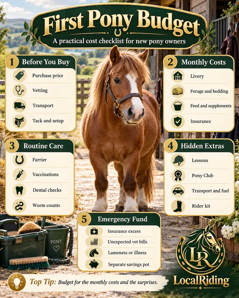 First pony budget infographic: the cost of owning a pony in the UK, from purchase and monthly costs to routine care, hidden extras and an emergency fund